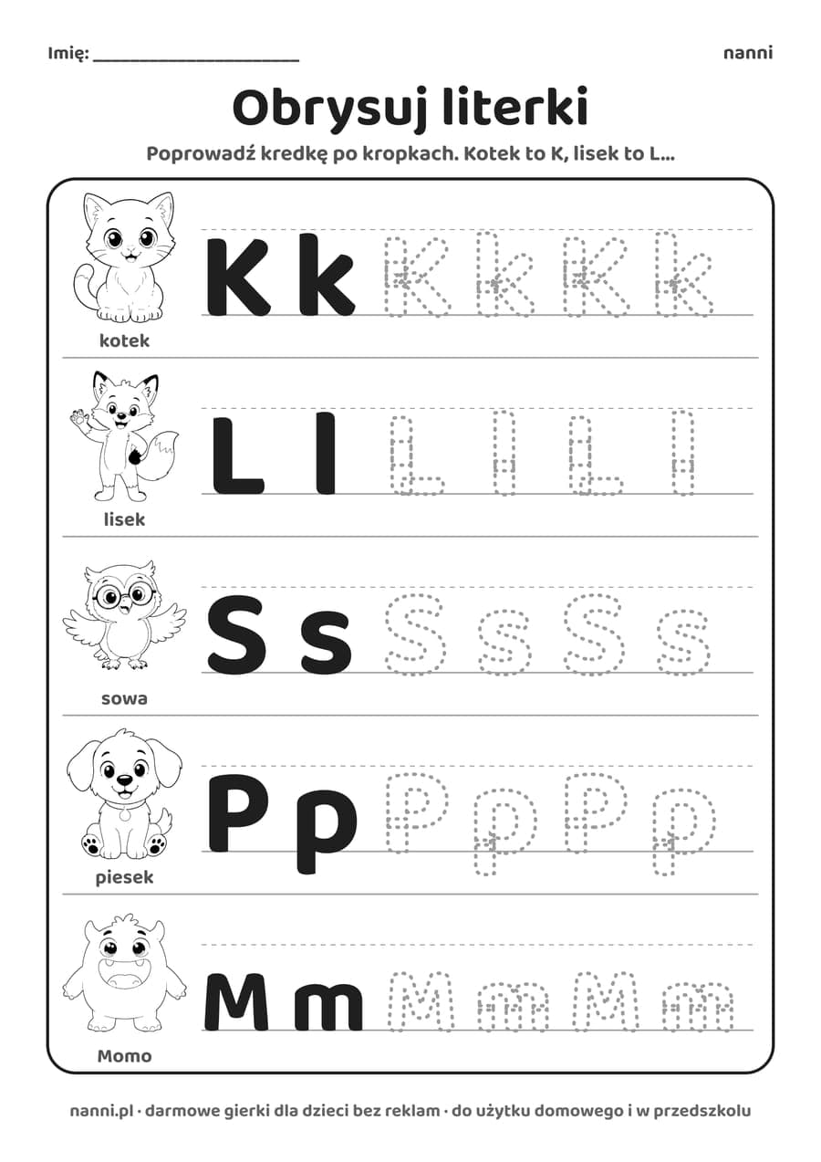 Karta pracy: literki do obrysowania: podgląd strony